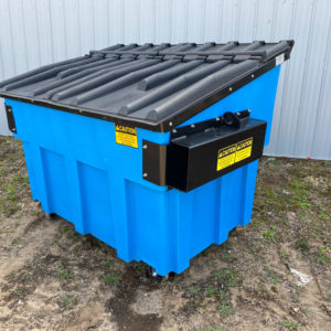 blue front-load plastic dumpster