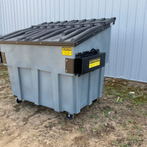 grey front-load plastic dumpster