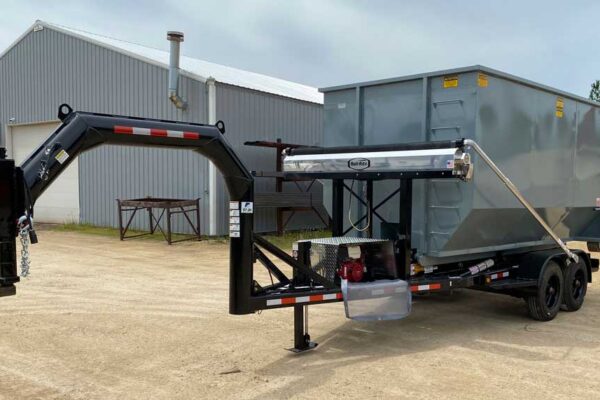 A roll off system with a gooseneck hitch, tub, and tarping system