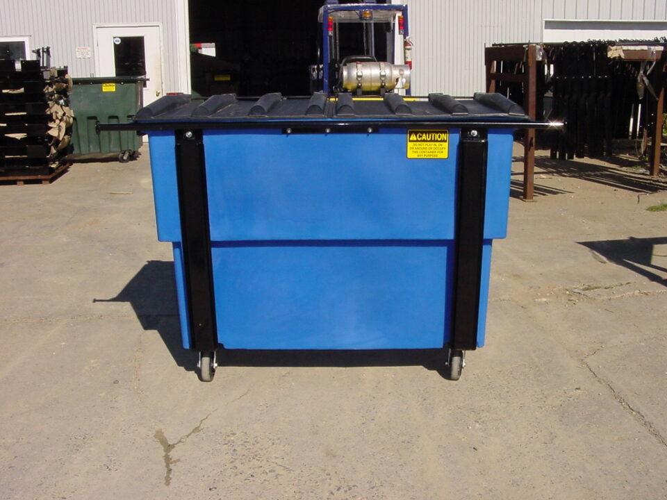 A blue Nedland 1.5 yard rear load poly dumpster