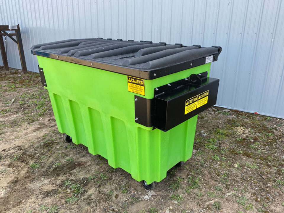 A neon green Nedland 2 yard front load plastic dumpster