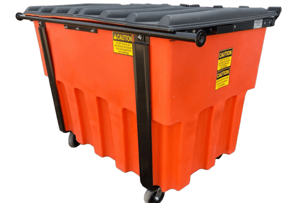 An orange 2 yard rear load plastic dumpster