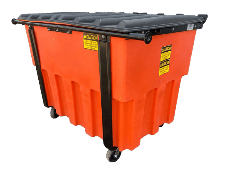An orange 2 yard rear load plastic dumpster