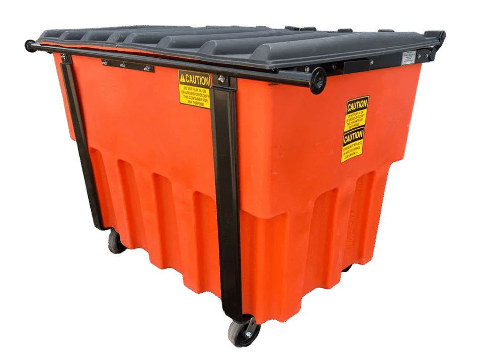 An orange 2 yard rear load plastic dumpster