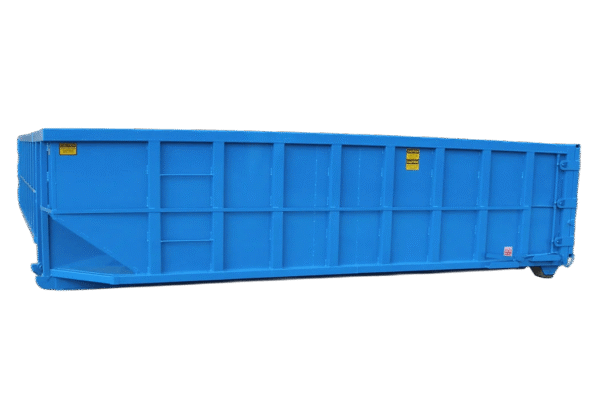 A blue Nedland 20 yard roll off dumpster