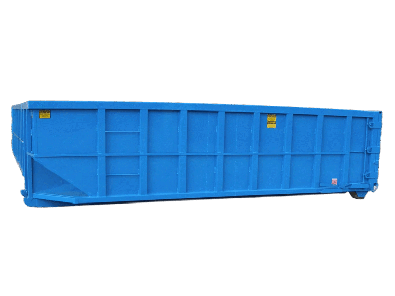 A blue Nedland 20 yard roll off dumpster