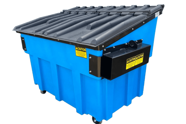 A blue Nedland 3 yard front load plastic dumpster