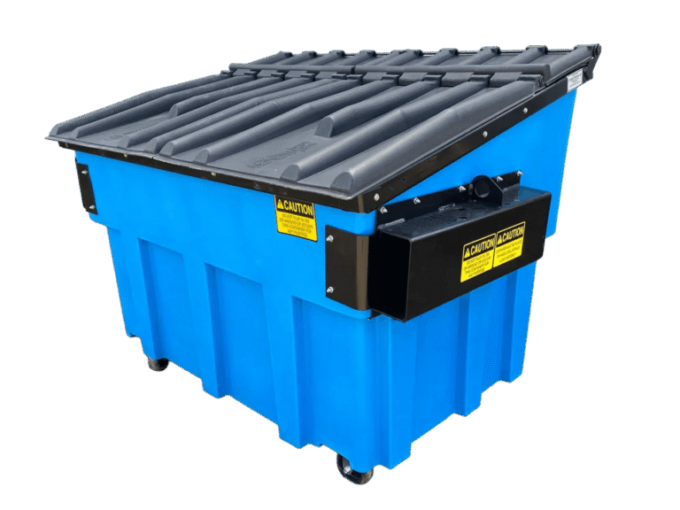 A blue Nedland 3 yard front load plastic dumpster