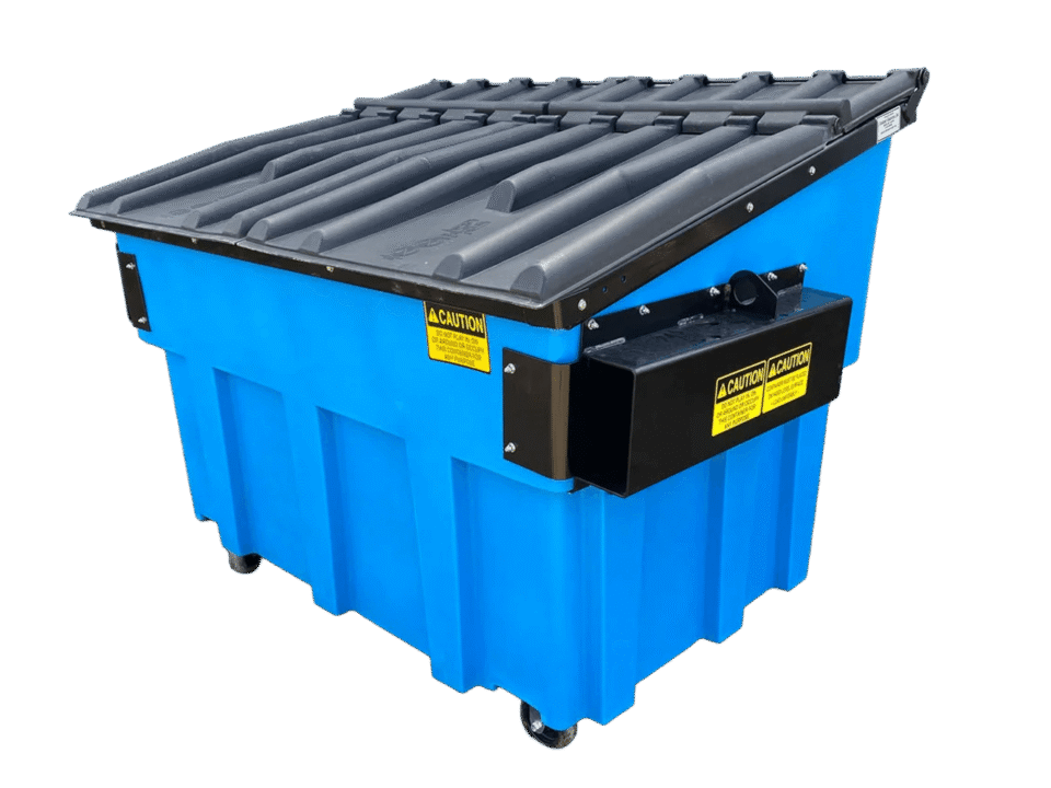 A blue Nedland 3 yard front load plastic dumpster