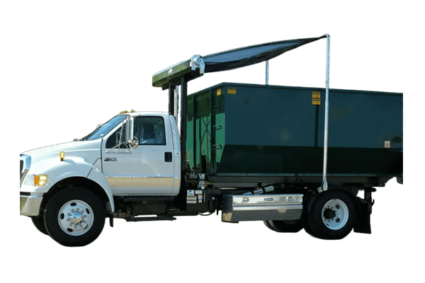 A white truck with an automatic roll off tarp system and green dumpster