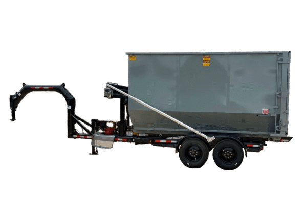 A gray dumpster loaded onto a Nedland roll off dumpster trailer with gooseneck hitch