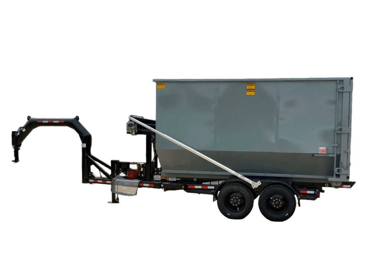 A gray dumpster loaded onto a Nedland roll off dumpster trailer with gooseneck hitch