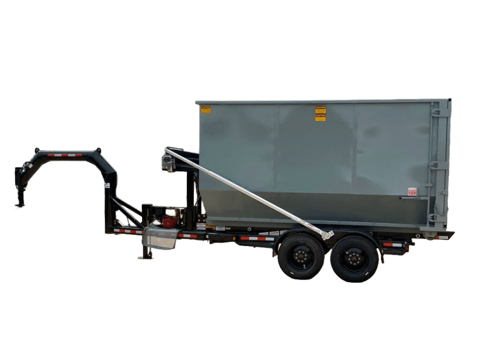 A gray dumpster loaded onto a Nedland roll off dumpster trailer with gooseneck hitch