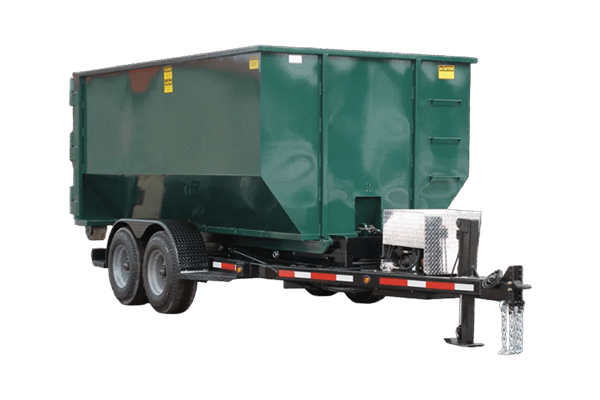 A green roll off dumpster mounted on an EZrolloff trailer