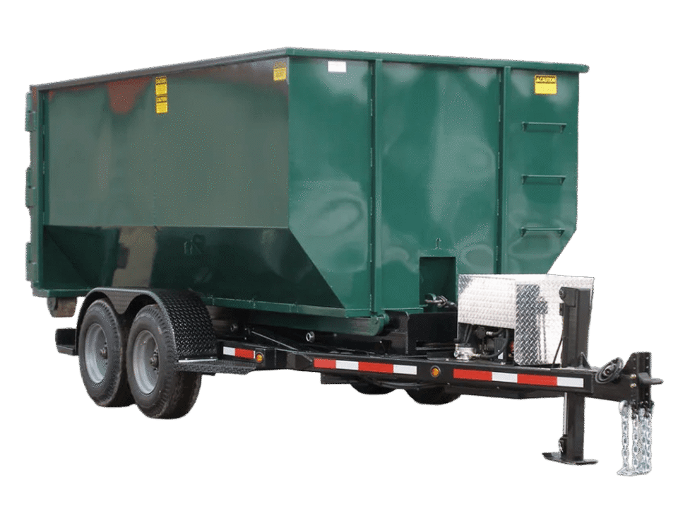 A green Nedland roll off dumpster loaded on an EZrolloff trailer