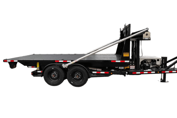 A Nedland EZrolloff trailer with a roll off flatbed trailer attachment