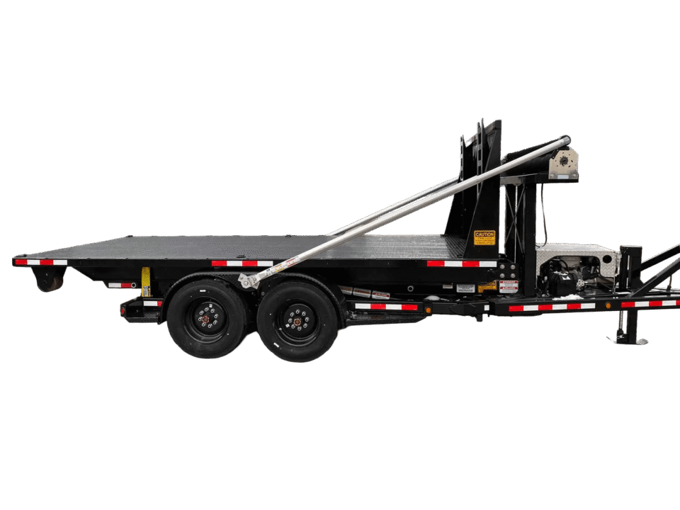 A Nedland EZrolloff trailer with a roll off flatbed trailer attachment