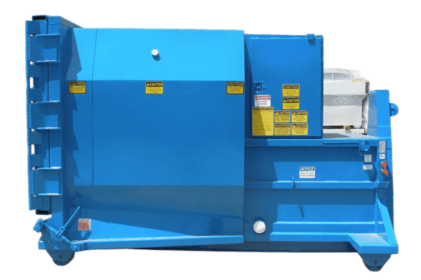 A blue 1 yard self-contained compactor with a 10 yard container capacity.