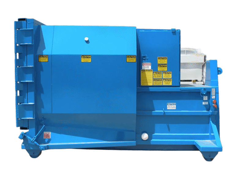 A blue 1 yard self-contained compactor with a 10 yard container capacity.