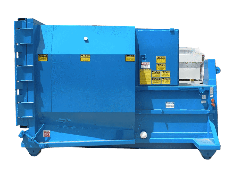 A blue Nedland 1 yard self-contained compactor