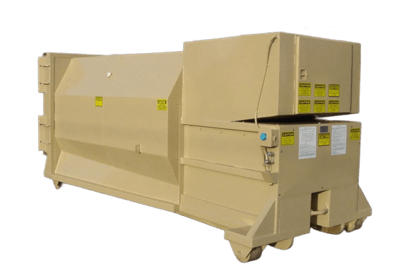 A tan Nedland 2 yard self contained compactor