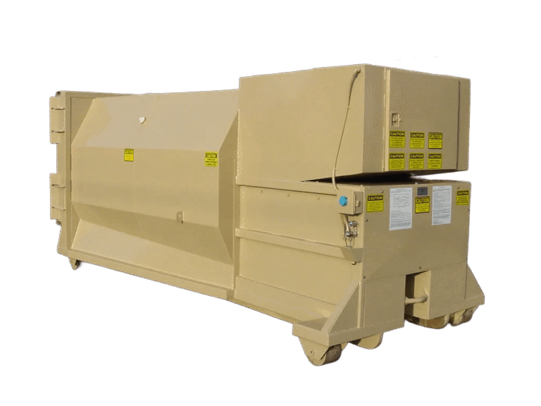 A tan Nedland 2 yard self contained compactor