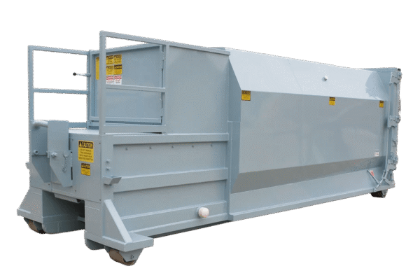 A light blue-gray Nedland 2 yard self contained compactor