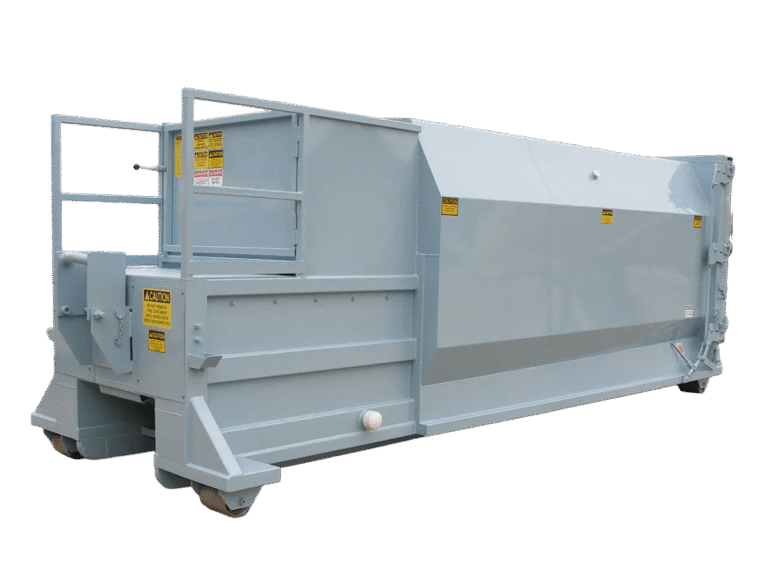 A light blue-gray Nedland 2 yard self contained compactor
