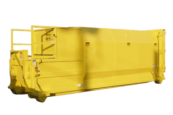 A yellow Nedland 2 yard self contained compactor
