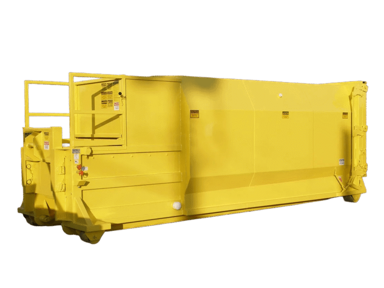 A yellow Nedland 2 yard self contained compactor