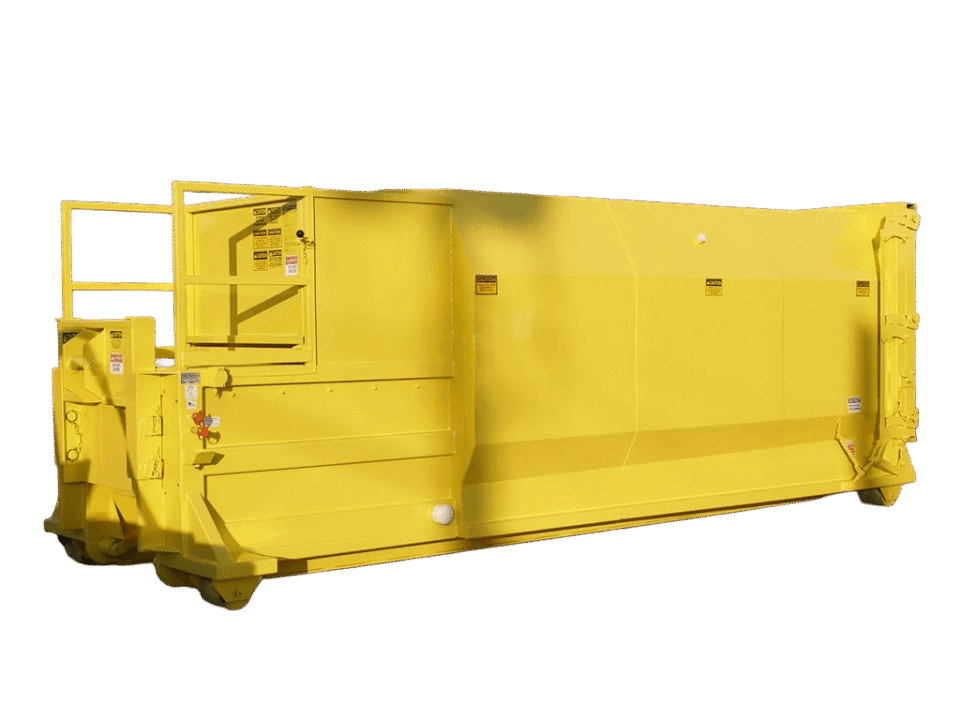 A yellow Nedland 2 yard self contained compactor