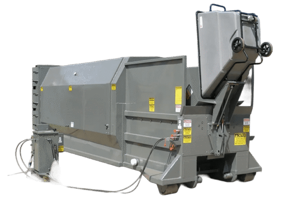 A gray Nedland 2 yard self contained compactor with a cart dumper