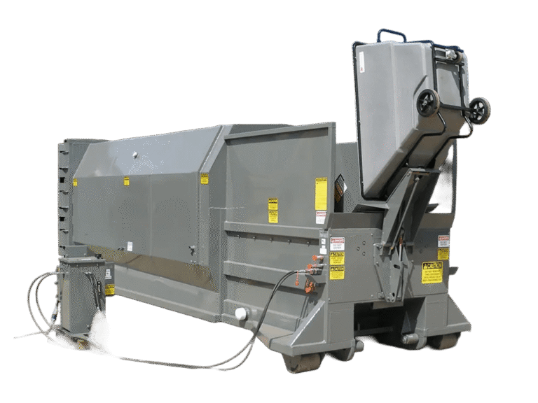 A gray Nedland 2 yard self contained compactor with a cart dumper