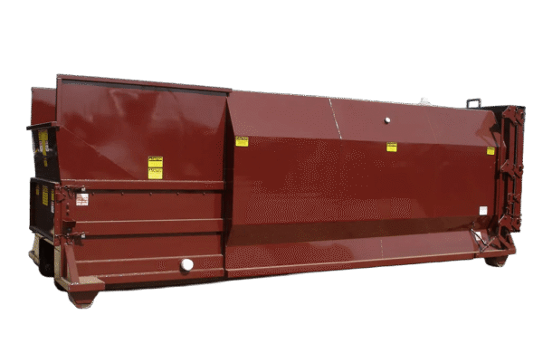 A maroon Nedland 2 yard self contained compactor
