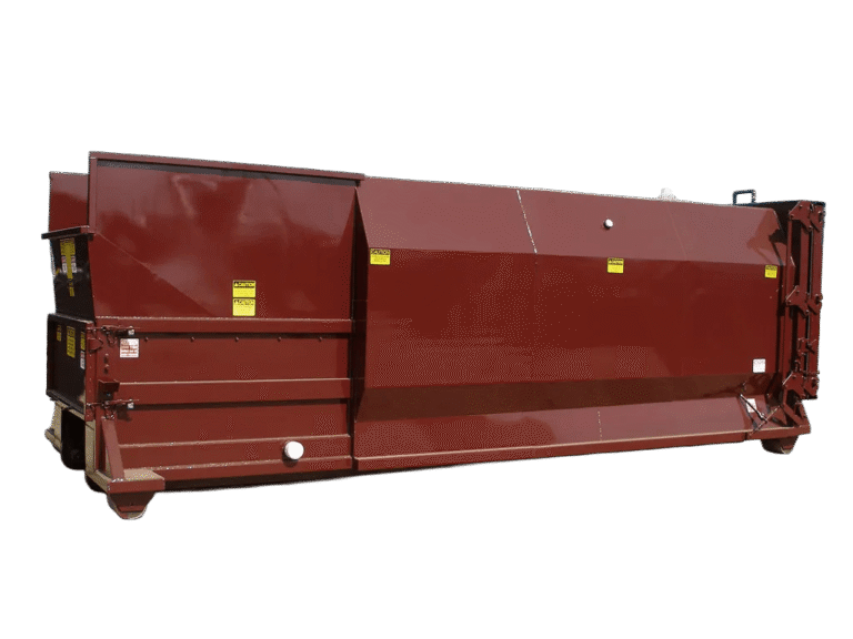 A maroon Nedland 2 yard self contained compactor