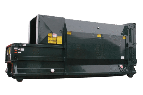 A dark green Nedland 2 yard self-contained compactor