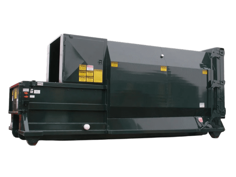 A dark green Nedland 2 yard self-contained compactor