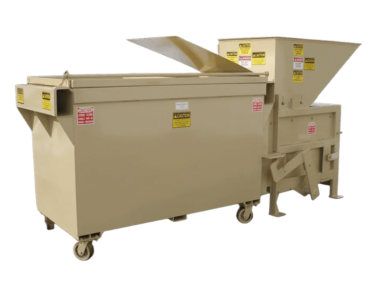 A tan Nedland 0.6 yard apartment stationary compactor