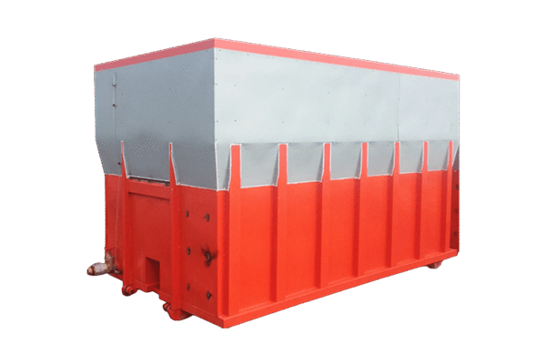 A white and safety orange roll off water tank