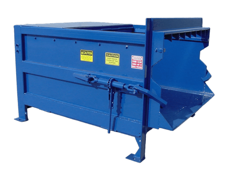 A blue Nedland 2 yard stationary compactor