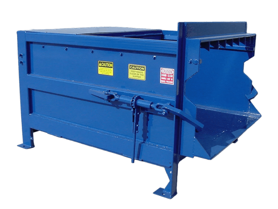 A blue Nedland 2 yard stationary compactor
