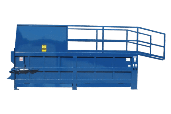 A blue Nedland 4 yard stationary compactor