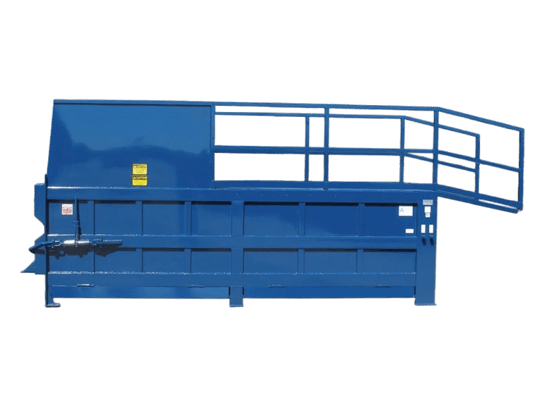 A blue Nedland 4 yard stationary compactor