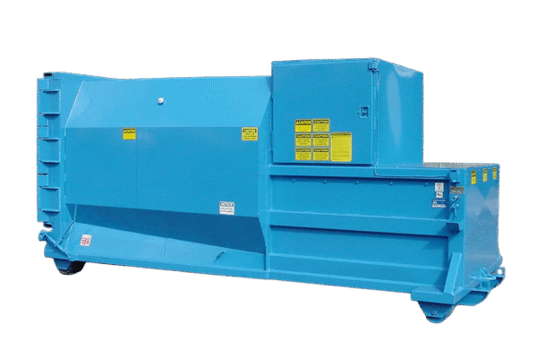 A blue 1 yard self-contained compactor with 15 yard container capacity.