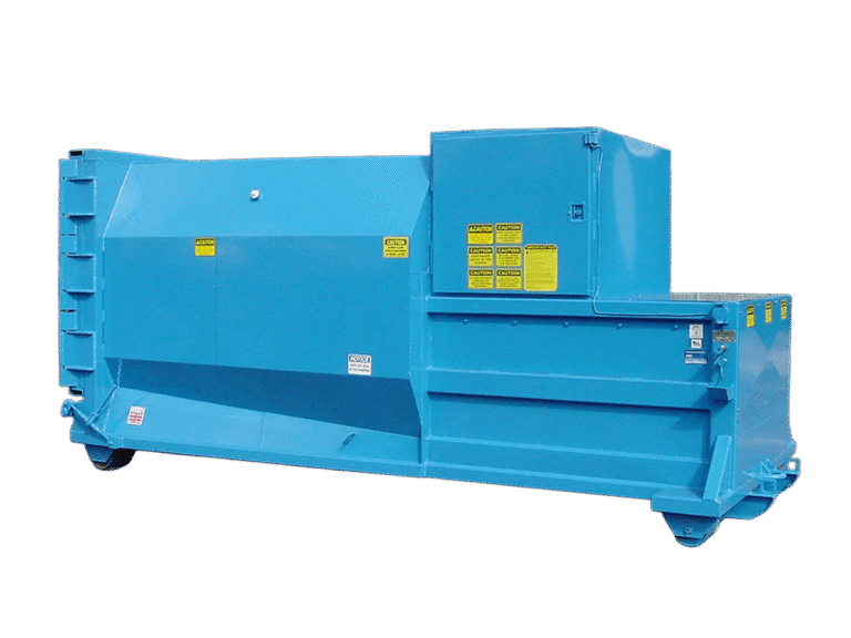 A blue 1 yard self-contained compactor with 15 yard container capacity.