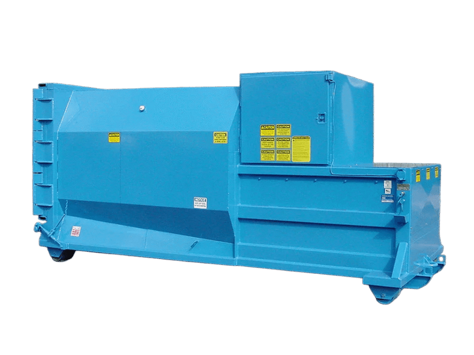 A blue Nedland 1 yard self contained compactor