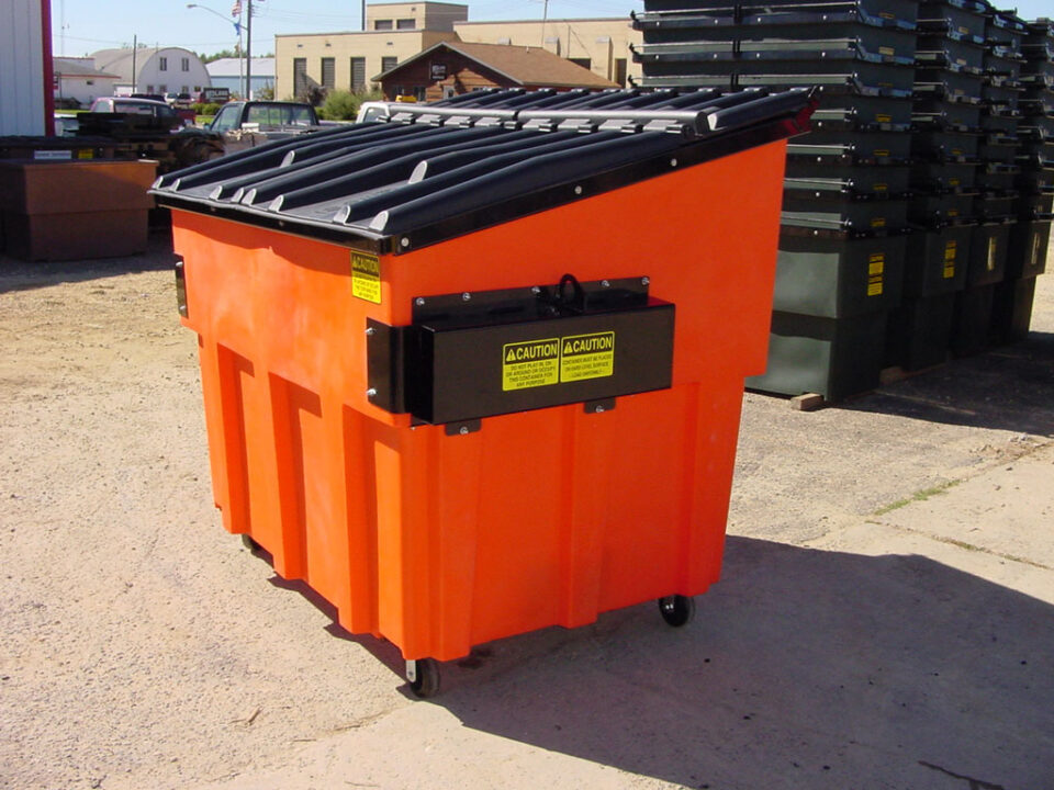 An orange Nedland plastic front load dumpster