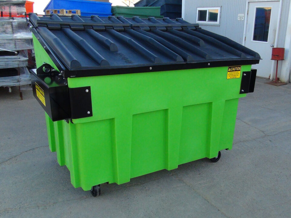 A neon green Nedland front load plastic dumpster