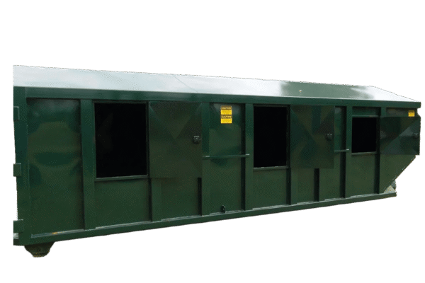 A green Nedland recycling roll off dumpster