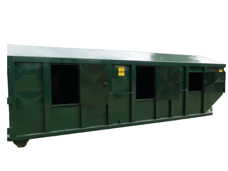 A green Nedland recycling roll off dumpster
